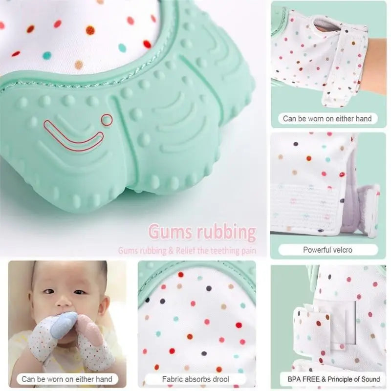 Baby Essentials-4 baby teething glove in soothing mitten design, soft fabric with textured surface for gum relief and comfort.