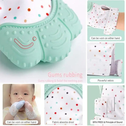 Baby Essentials-4 baby teething glove in soothing mitten design, soft fabric with textured surface for gum relief and comfort.