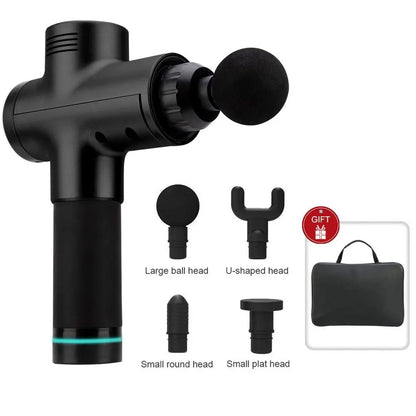 Fitness-6 Power Pulse Massage Gun with ergonomic handle, multiple attachment heads, and digital control display for muscle relief.