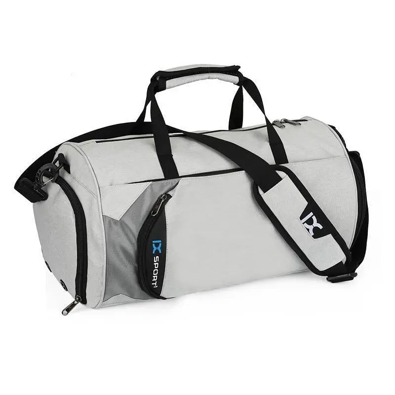 Fitness-6 men's gym and travel duffel bag with multiple compartments and sturdy handles for workout and travel needs.