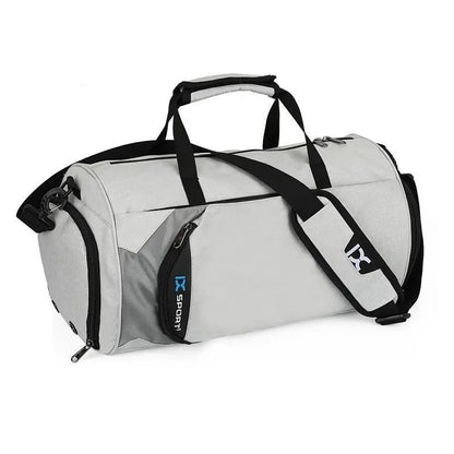 Fitness-6 men's gym and travel duffel bag with multiple compartments and sturdy handles for workout and travel needs.