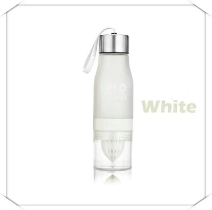 H2O Fruit Infuser Water Bottle by Fitness-6 with a clear body, blue lid, and infuser tube filled with fresh fruit slices.