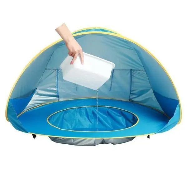 Waterproof Baby Beach Tent by Baby Essentials-4, showing lightweight, sun-shade shelter with mesh sides for outdoor protection.
