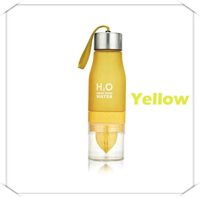 H²O Fruit Infuser Water Bottle by Fitness-6 with a clear body, black lid, and built-in fruit infuser for flavored hydration.