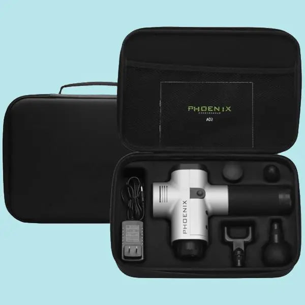 Fitness-6 Power Pulse Massage Gun with ergonomic design and multiple attachment heads for muscle relief and recovery.