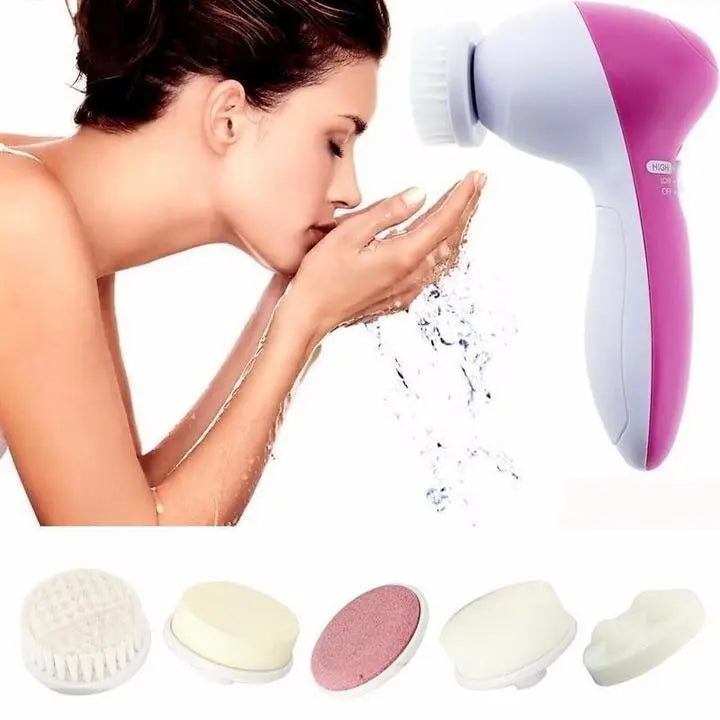 Health & Beauty-5 5-in-1 electric facial cleansing brush set with various brush heads for deep skincare and gentle exfoliation.