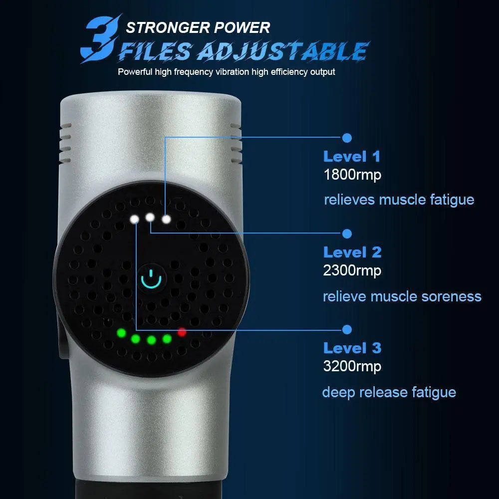 Fitness-6 Power Pulse Massage Gun with ergonomic handle and multiple attachment heads for muscle relief and recovery.